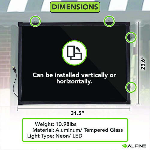 Alpine LED Illuminated Hanging Message Writing Board, 23.6" x 31.5", Black Surface, Black Aluminum Frame (ALP49504)