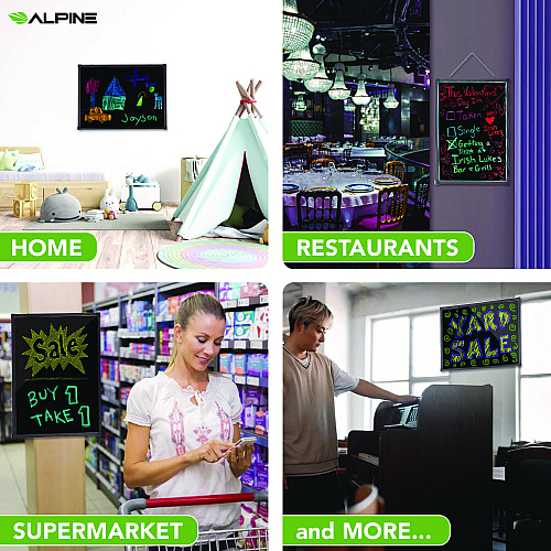 Alpine LED Illuminated Hanging Message Writing Board, 23.6" x 31.5", Black Surface, Black Aluminum Frame (ALP49504)