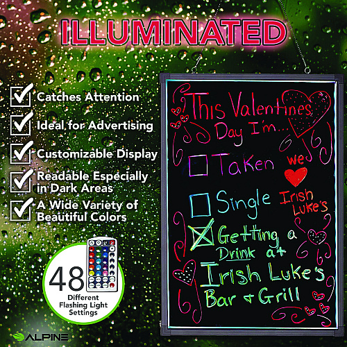 Alpine LED Illuminated Hanging Message Writing Board, 23.6" x 31.5", Black Surface, Black Aluminum Frame (ALP49504)