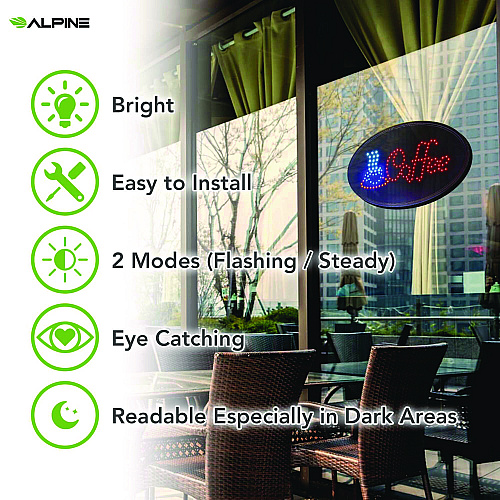 Alpine LED Oval Coffee Sign, 23 x 14, Black Frame, Blue/Red Graphics (ALP49705)