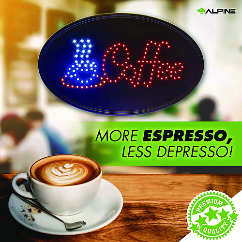 Alpine LED Oval Coffee Sign, 23 x 14, Black Frame, Blue/Red Graphics (ALP49705)