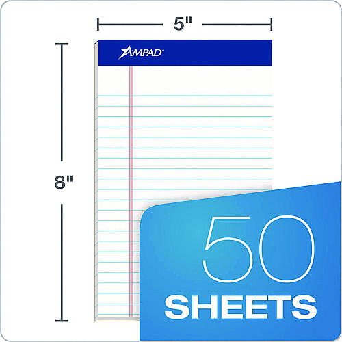 Ampad Perforated Writing Pads, Narrow Rule, 50 White 5 x 8 Sheets, Dozen (20304)