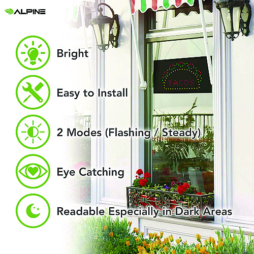 Alpine LED Rectangular TACO Sign, 19 x 10, Black Frame, Green/Red/Yellow Graphics (ALP49711)