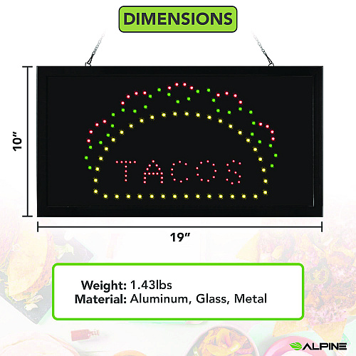 Alpine LED Rectangular TACO Sign, 19 x 10, Black Frame, Green/Red/Yellow Graphics (ALP49711)