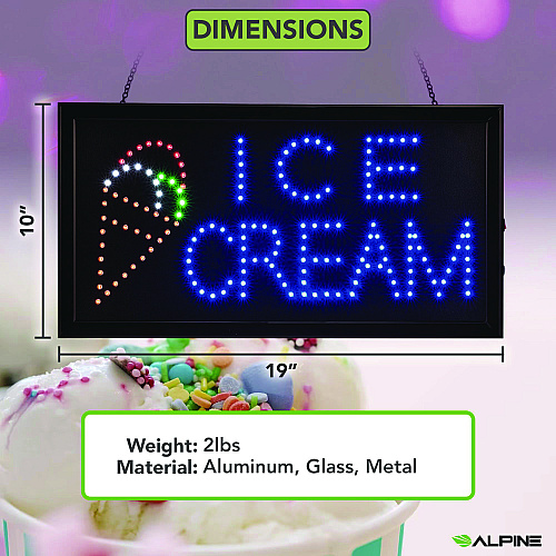 Alpine LED Rectangular Ice Cream Sign, 19 x 10, Black Frame, Blue/Green/Orange/Red/White Graphics (ALP49713)