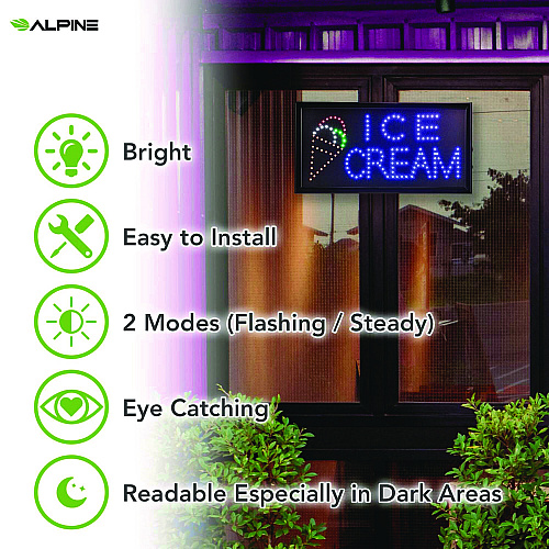 Alpine LED Rectangular Ice Cream Sign, 19 x 10, Black Frame, Blue/Green/Orange/Red/White Graphics (ALP49713)