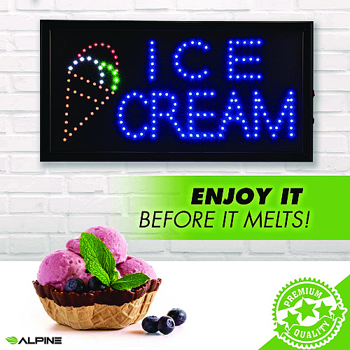 Alpine LED Rectangular Ice Cream Sign, 19 x 10, Black Frame, Blue/Green/Orange/Red/White Graphics (ALP49713)