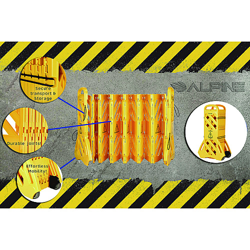 Alpine Expandable Portable Fence Barrier Safety Barricade, Plastic, 1.97 x 153.54 x 39.76, Yellow (ALP499BAR)