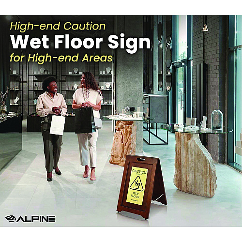 Alpine 2-Sided Plated Wooden A-Frame Bilingual Wet Floor Sign, 15 x 2 x 24, Brass (ALP499BRA)