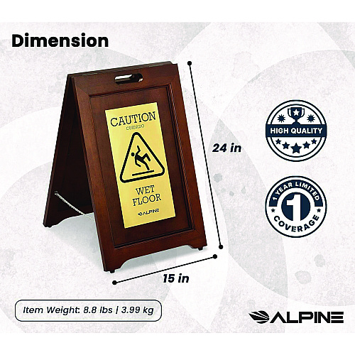 Alpine 2-Sided Plated Wooden A-Frame Bilingual Wet Floor Sign, 15 x 2 x 24, Brass (ALP499BRA)
