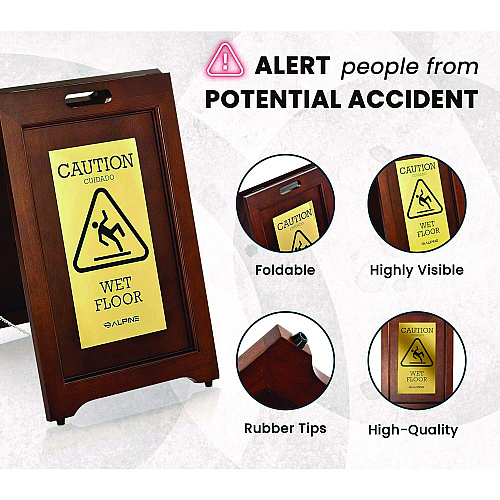 Alpine 2-Sided Plated Wooden A-Frame Bilingual Wet Floor Sign, 15 x 2 x 24, Brass (ALP499BRA)