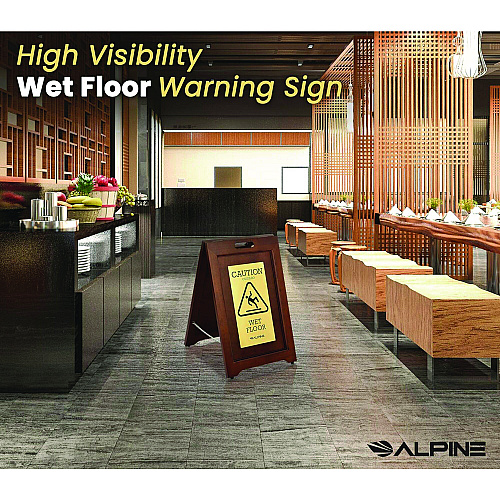Alpine 2-Sided Plated Wooden A-Frame Bilingual Wet Floor Sign, 15 x 2 x 24, Brass (ALP499BRA)