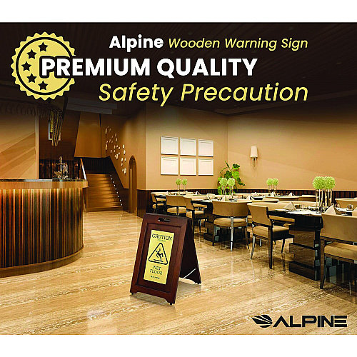 Alpine 2-Sided Plated Wooden A-Frame Bilingual Wet Floor Sign, 15 x 2 x 24, Brass (ALP499BRA)