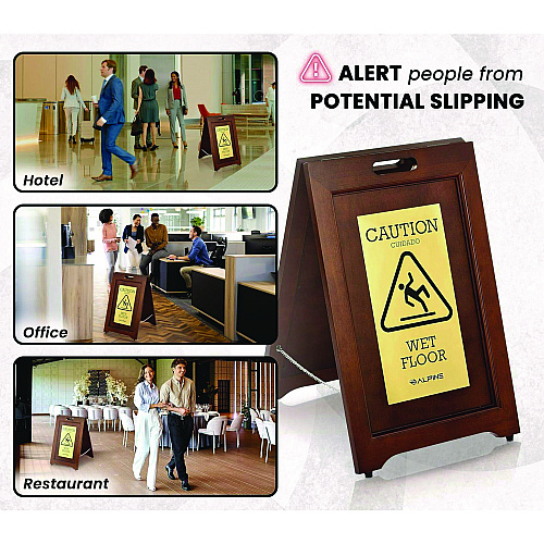 Alpine 2-Sided Plated Wooden A-Frame Bilingual Wet Floor Sign, 15 x 2 x 24, Brass (ALP499BRA)