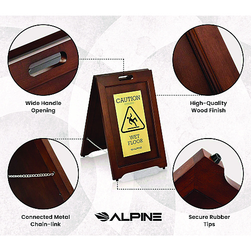 Alpine 2-Sided Plated Wooden A-Frame Bilingual Wet Floor Sign, 15 x 2 x 24, Brass (ALP499BRA)