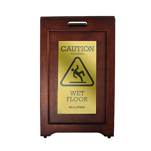 Alpine 2-Sided Plated Wooden A-Frame Bilingual Wet Floor Sign, 15 x 2 x 24, Brass (ALP499BRA)