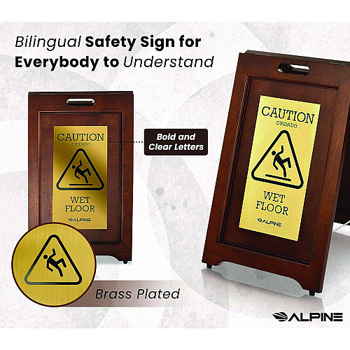 Alpine 2-Sided Plated Wooden A-Frame Bilingual Wet Floor Sign, 15 x 2 x 24, Brass (ALP499BRA)