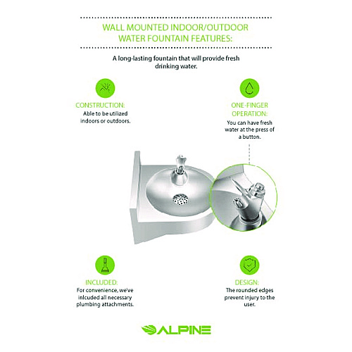 Alpine Wall-Mounted Indoor/Outdoor Water Fountain, Single-Level, Non-Filtered, Non-Refrigerated, Silver (ALP70001)