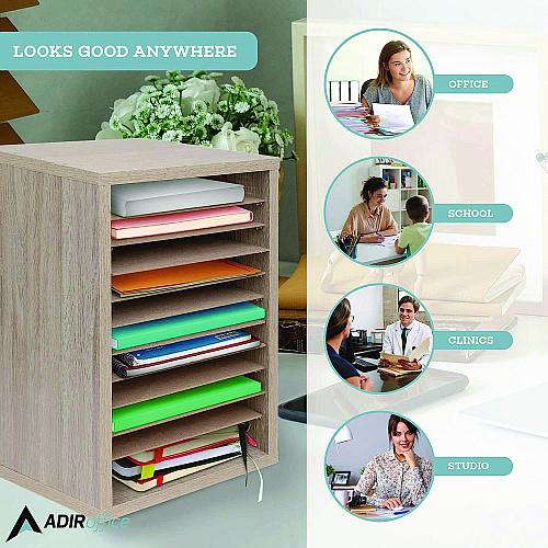 AdirOffice 11 Compartment Wood Mail Paper Sorter Literature Organizer, 11 Sections, Letter Size, 10.75 x 11.75 x 16.2, Medium Oak (I50011MEO)