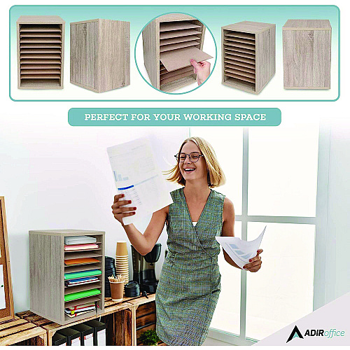 AdirOffice 11 Compartment Wood Mail Paper Sorter Literature Organizer, 11 Sections, Letter Size, 10.75 x 11.75 x 16.2, Medium Oak (I50011MEO)