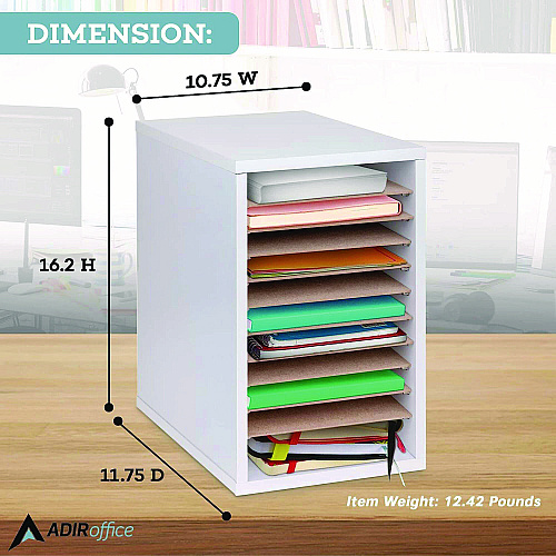 AdirOffice 11 Compartment Wood Mail Paper Sorter Literature Organizer, 11 Sections, Letter Size, 10.75 x 11.75 x 16.2, White (I50011WHI)