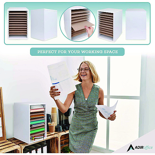 AdirOffice 11 Compartment Wood Mail Paper Sorter Literature Organizer, 11 Sections, Letter Size, 10.75 x 11.75 x 16.2, White (I50011WHI)