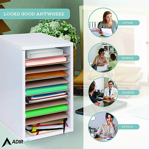 AdirOffice 11 Compartment Wood Mail Paper Sorter Literature Organizer, 11 Sections, Letter Size, 10.75 x 11.75 x 16.2, White (I50011WHI)