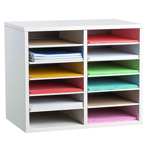 AdirOffice Wood Adjustable 12 Compartment Literature Organizer, 12 Sections, Letter Size, 20 x 11.8 x 16.3, White (I50012WHI)