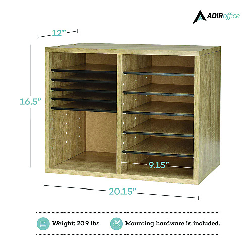 AdirOffice Wood Adjustable 12 Compartment Literature Organizer, 12 Sections, Letter Size, 20 x 11.8 x 16.3, Medium Oak (I50012MEO)