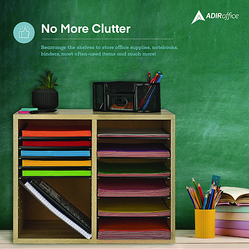 AdirOffice Wood Adjustable 12 Compartment Literature Organizer, 12 Sections, Letter Size, 20 x 11.8 x 16.3, Medium Oak (I50012MEO)