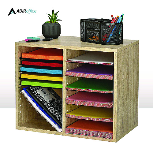 AdirOffice Wood Adjustable 12 Compartment Literature Organizer, 12 Sections, Letter Size, 20 x 11.8 x 16.3, Medium Oak (I50012MEO)
