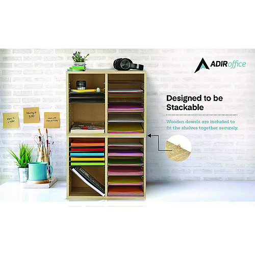 AdirOffice Wood Adjustable 12 Compartment Literature Organizer, 12 Sections, Letter Size, 20 x 11.8 x 16.3, Medium Oak (I50012MEO)