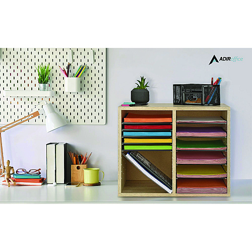 AdirOffice Wood Adjustable 12 Compartment Literature Organizer, 12 Sections, Letter Size, 20 x 11.8 x 16.3, Medium Oak (I50012MEO)