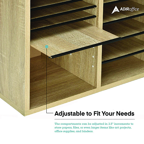 AdirOffice Wood Adjustable 12 Compartment Literature Organizer, 12 Sections, Letter Size, 20 x 11.8 x 16.3, Medium Oak (I50012MEO)
