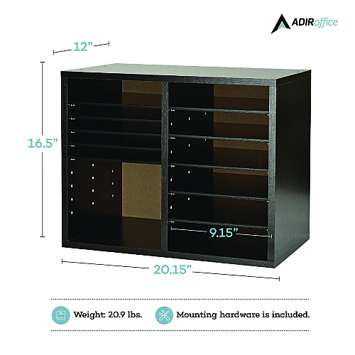 AdirOffice Wood Adjustable 12 Compartment Literature Organizer, 12 Sections, Letter Size, 20 x 11.8 x 16.3, Black (I50012BLK)