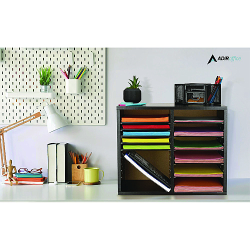 AdirOffice Wood Adjustable 12 Compartment Literature Organizer, 12 Sections, Letter Size, 20 x 11.8 x 16.3, Black (I50012BLK)