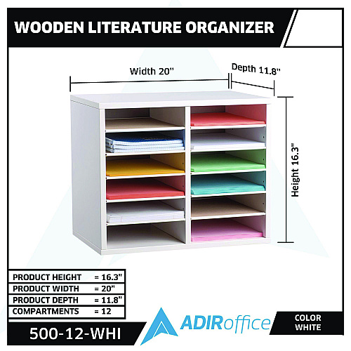 AdirOffice Wood Adjustable 12 Compartment Literature Organizer, 12 Sections, Letter Size, 20 x 11.8 x 16.3, White (I50012WHI)