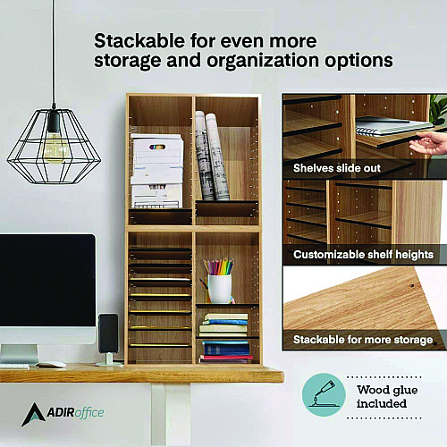 AdirOffice Wood Adjustable 16 Compartment Literature Organizer, 16 Sections, Letter Size, 20 x 11.8 x 21.4, Medium Oak (I50016MEO)