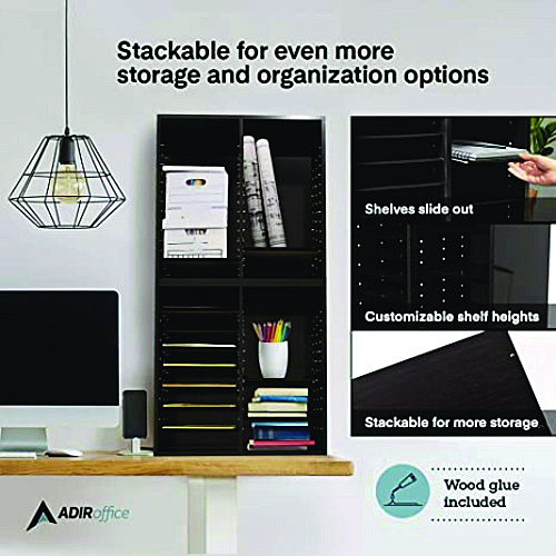 AdirOffice Wood Adjustable 16 Compartment Literature Organizer, 16 Sections, Letter Size, 20 x 11.8 x 21.4, Black (I50016BLK)