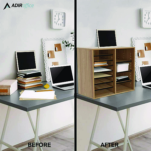 AdirOffice Wood Adjustable 16 Compartment Literature Organizer, 16 Sections, Letter Size, 20 x 11.8 x 21.4, Medium Oak (I50016MEO)