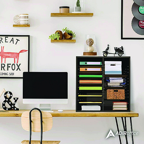 AdirOffice Wood Adjustable 16 Compartment Literature Organizer, 16 Sections, Letter Size, 20 x 11.8 x 21.4, Black (I50016BLK)