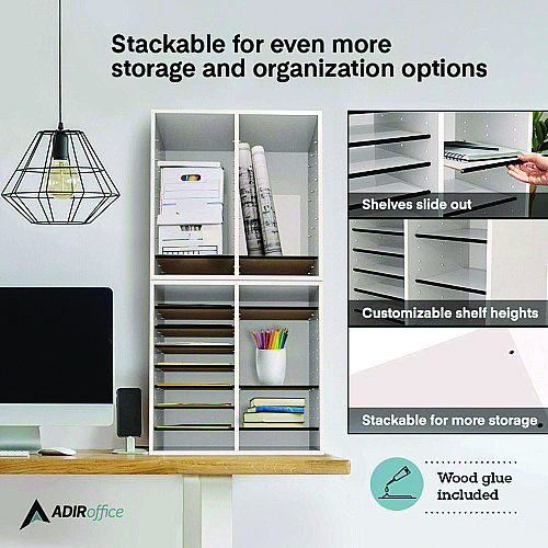AdirOffice Wood Adjustable 16 Compartment Literature Organizer, 16 Sections, Letter Size, 20 x 11.8 x 21.4, White (I50016WHI)