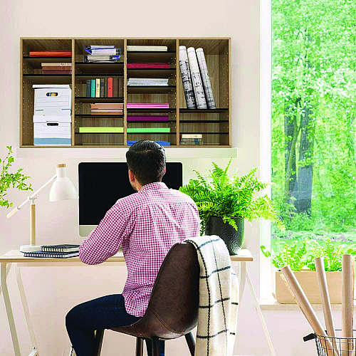 AdirOffice Wood Adjustable 36 Compartment Literature Organizer, 36 Sections, Letter Size, 39.3 x 11.8 x 23.9, Medium Oak (I50036MEO)