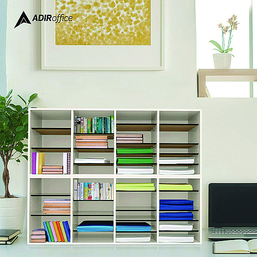 AdirOffice Wood Adjustable 24 Compartment Literature Organizer, 24 Sections, Letter Size, 39.3 x 11.8 x 16.3, White (I50024WHI)