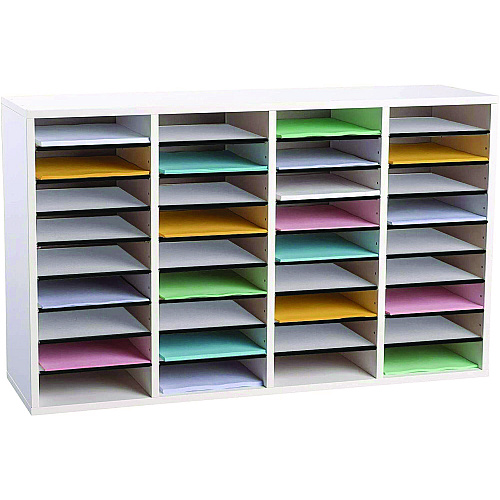 AdirOffice Wood Adjustable 36 Compartment Literature Organizer, 36 Sections, Letter Size, 39.3 x 11.8 x 23.9, White (I50036WHI)