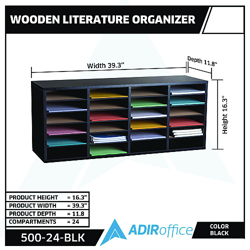 AdirOffice Wood Adjustable 24 Compartment Literature Organizer, 24 Sections, Letter Size, 39.3 x 11.8 x 16.3, Black (I50024BLK)