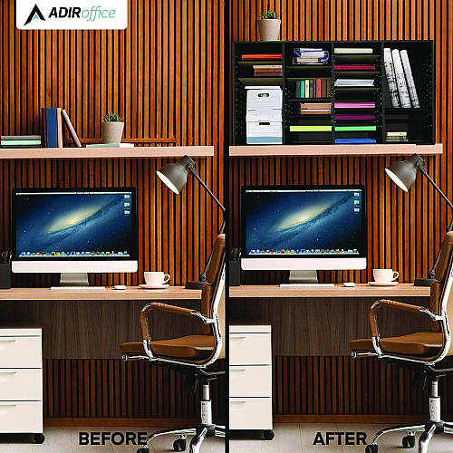 AdirOffice Wood Adjustable 36 Compartment Literature Organizer, 36 Sections, Letter Size, 39.3 x 11.8 x 23.9, Black (I50036BLK)