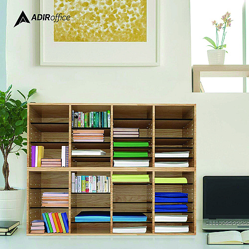 AdirOffice Wood Adjustable 24 Compartment Literature Organizer, 24 Sections, Letter Size, 39.3 x 11.8 x 16.3, Medium Oak (I50024MEO)
