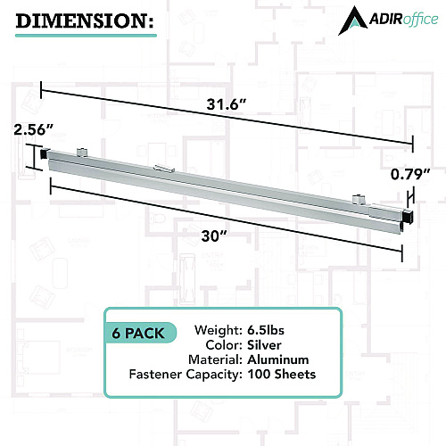 AdirOffice Blueprint Large File Document Hanging Clamps, 30" Wide Document, 30", Silver, 6 Clamps (I6036)
