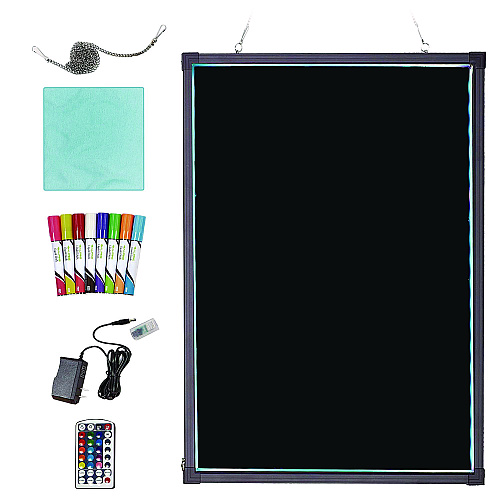 Alpine LED Illuminated Hanging Message Writing Board, 23.6" x 31.5", Black Surface, Black Aluminum Frame (ALP49504)